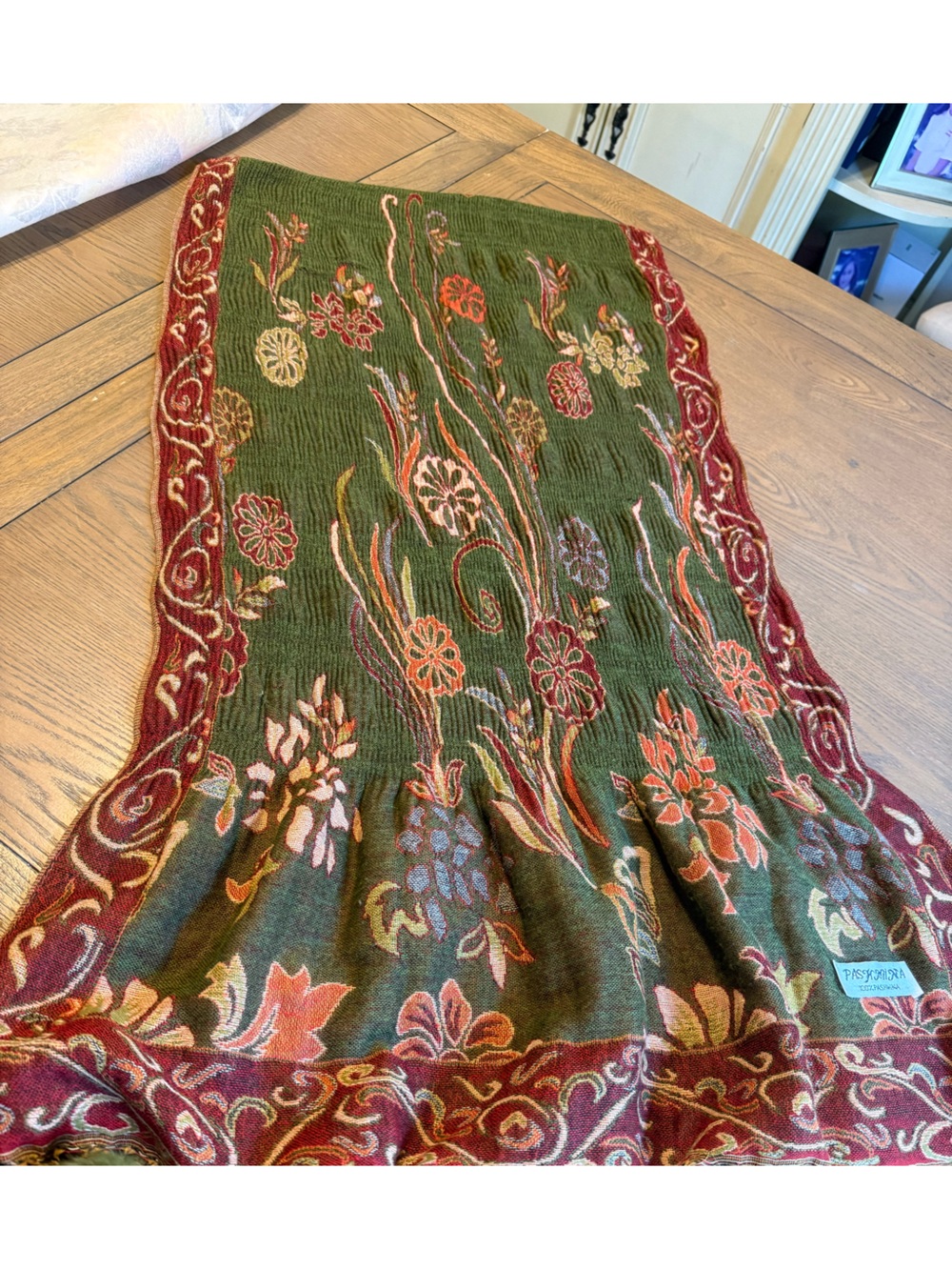 Pashmina 100% Wool Olive Green Reversible Knit Floral Scarf Wrap Pom Pom Fringe